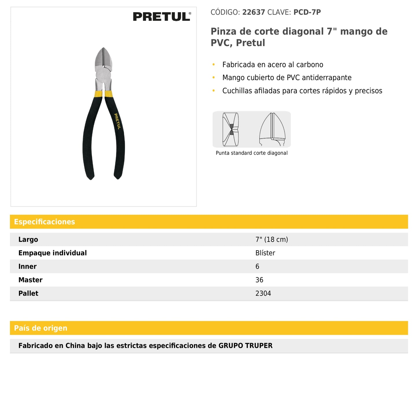 Pinza de corte diagonal 7" mango de PVC