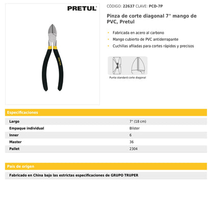 Pinza de corte diagonal 7" mango de PVC