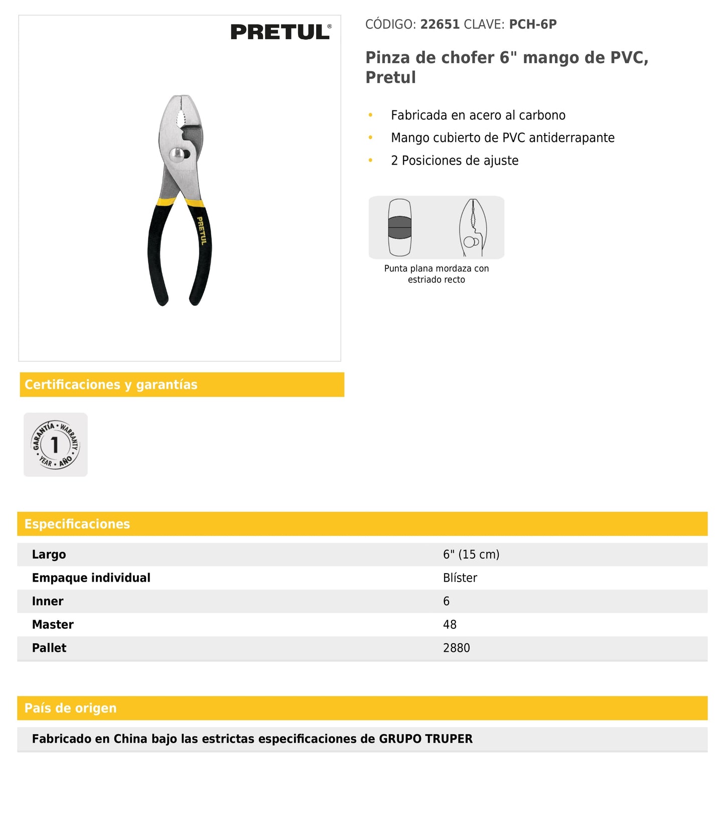 Pinza de chofer 6" mango de PVC