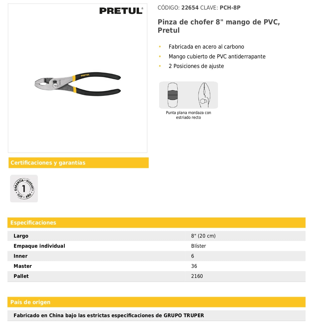 Pinza de chofer 8" mango de PVC