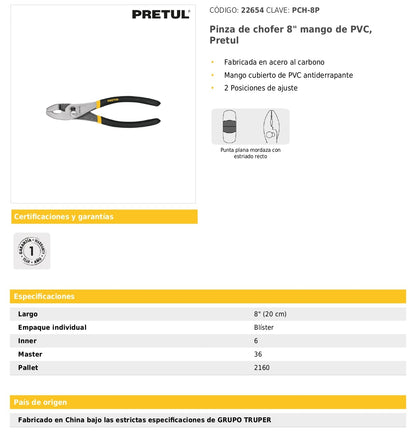 Pinza de chofer 8" mango de PVC