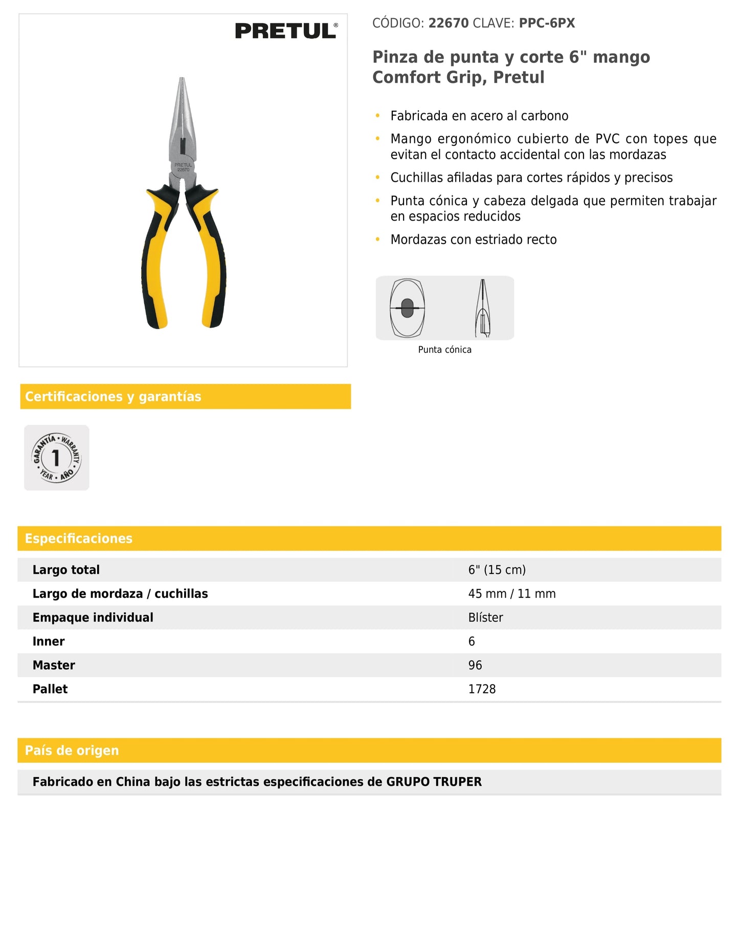 Pinza de punta y corte 6" mango Comfort Grip