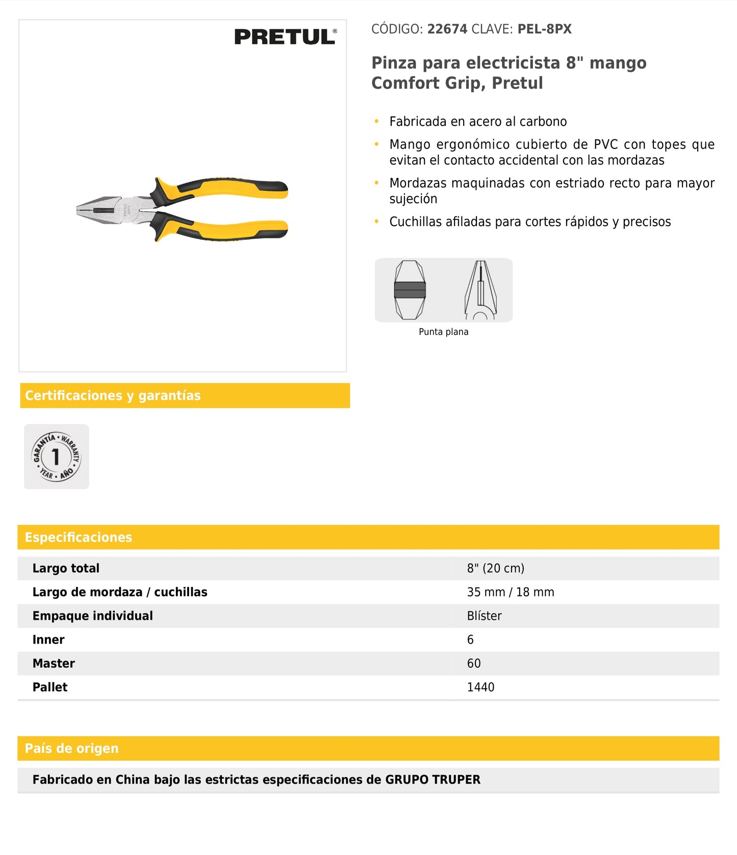 Pinza para electricista 8" mango Comfort Grip