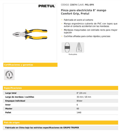 Pinza para electricista 8" mango Comfort Grip