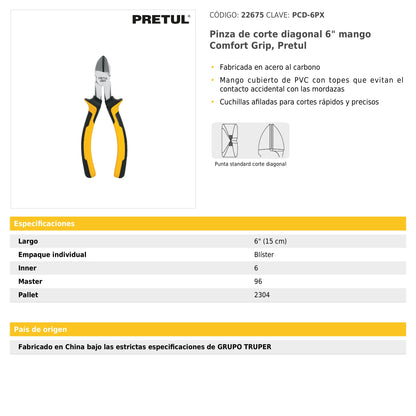 Pinzas de corte diagonal 6"mango Comfort Grip