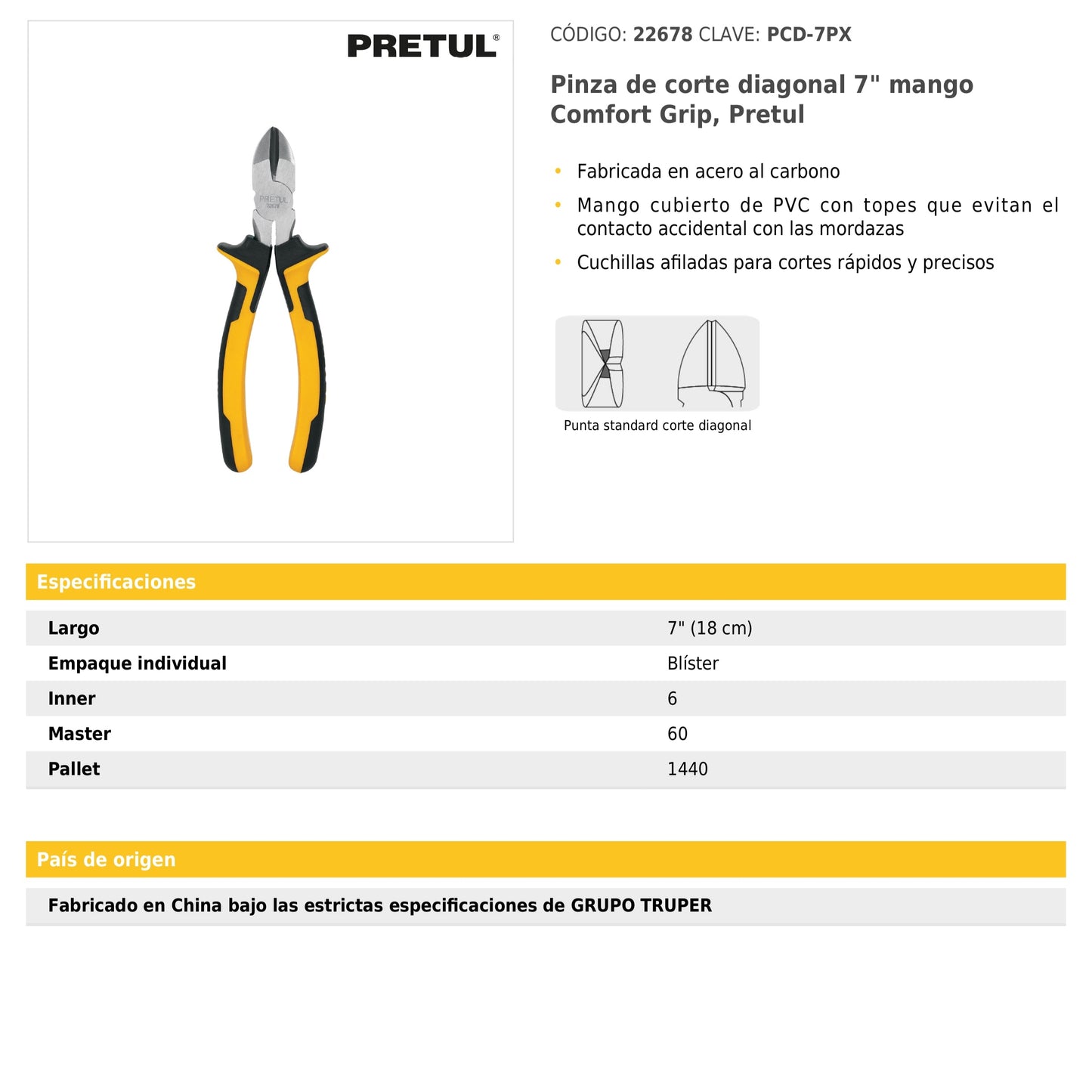 Pinza de corte diagonal 7" mango Comfort Grip