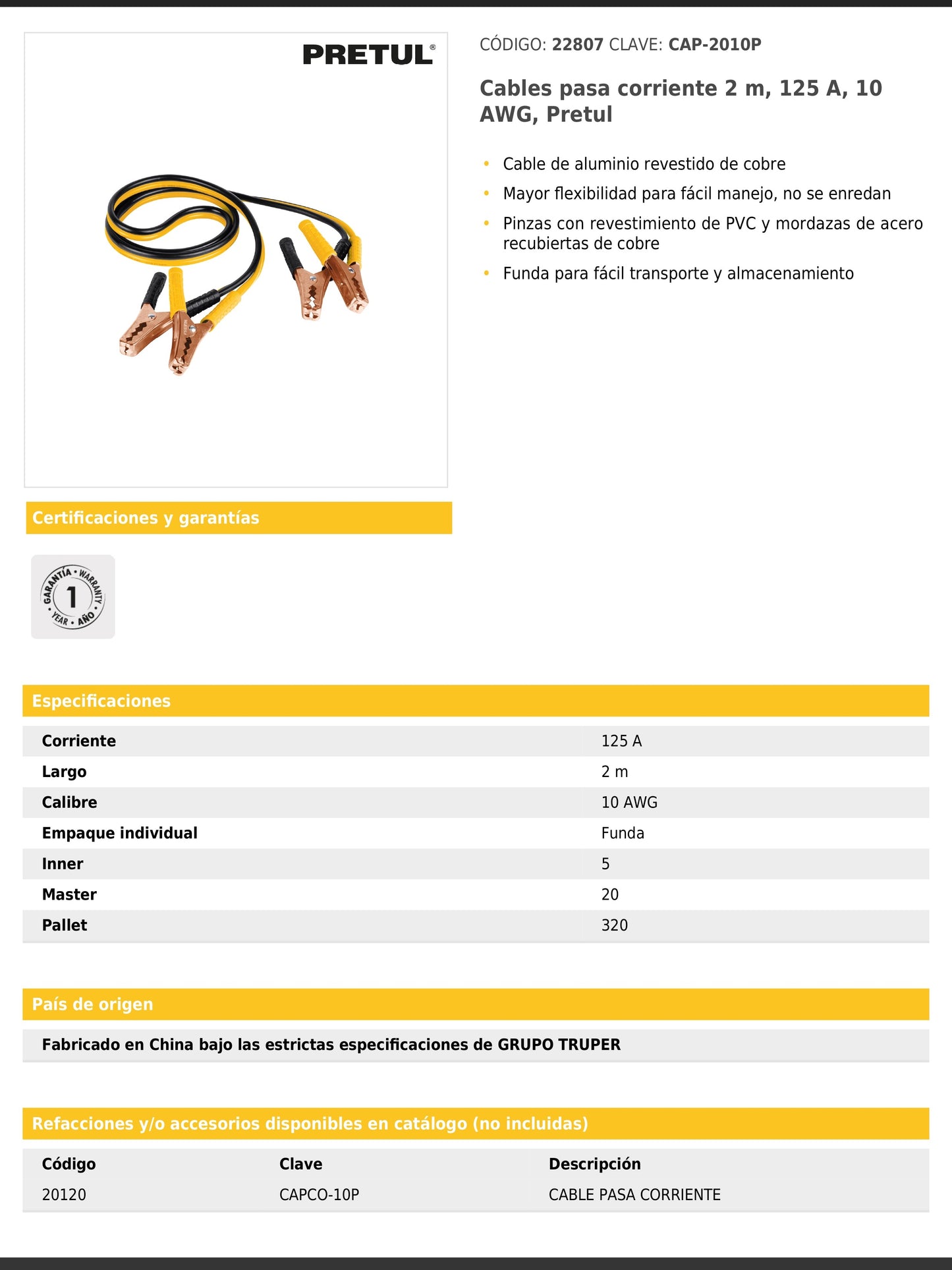 Cables pasa corriente de 2 metros 125 A calibre 10 AWG