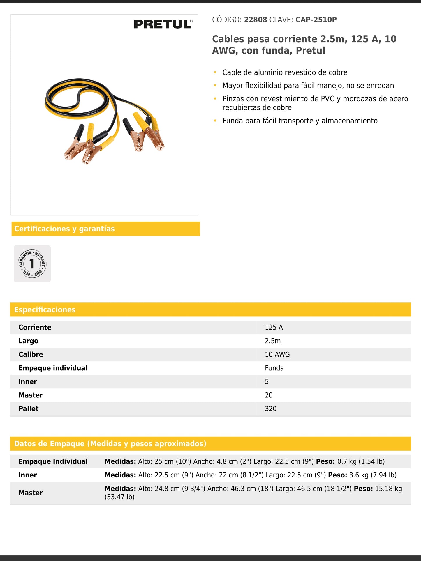 Cables pasa corriente de 2.5 metros 125 A calibre 10 AWG