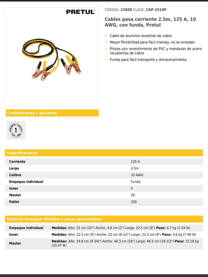 Cables pasa corriente de 2.5 metros 125 A calibre 10 AWG