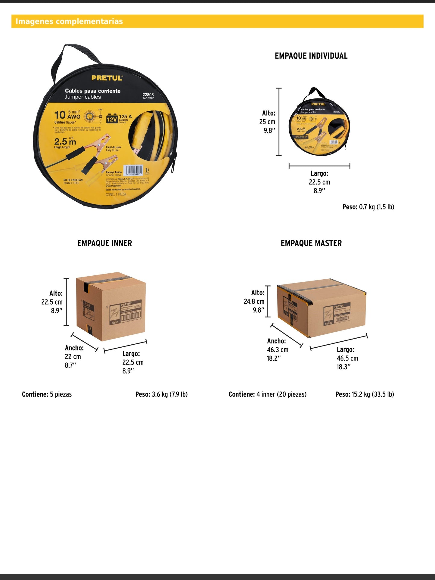 Cables pasa corriente de 2.5 metros 125 A calibre 10 AWG