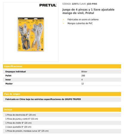 Juego de 4 pinzass y 1 llave ajustable mango de vinil