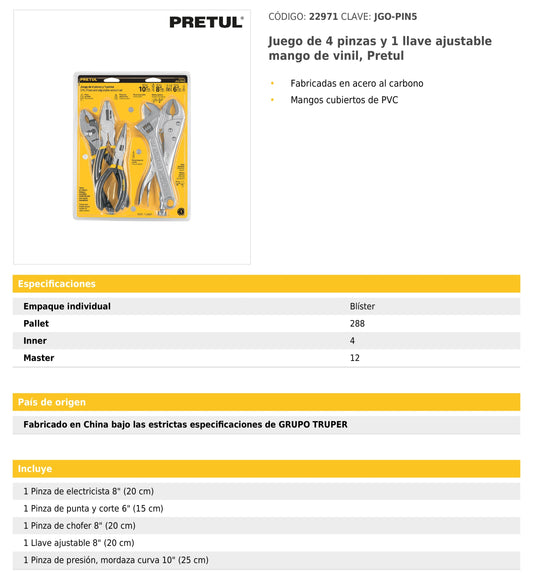 Juego de 4 pinzass y 1 llave ajustable mango de vinil