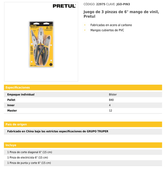 Juego de 3 pinzass de 6" mango de vinil