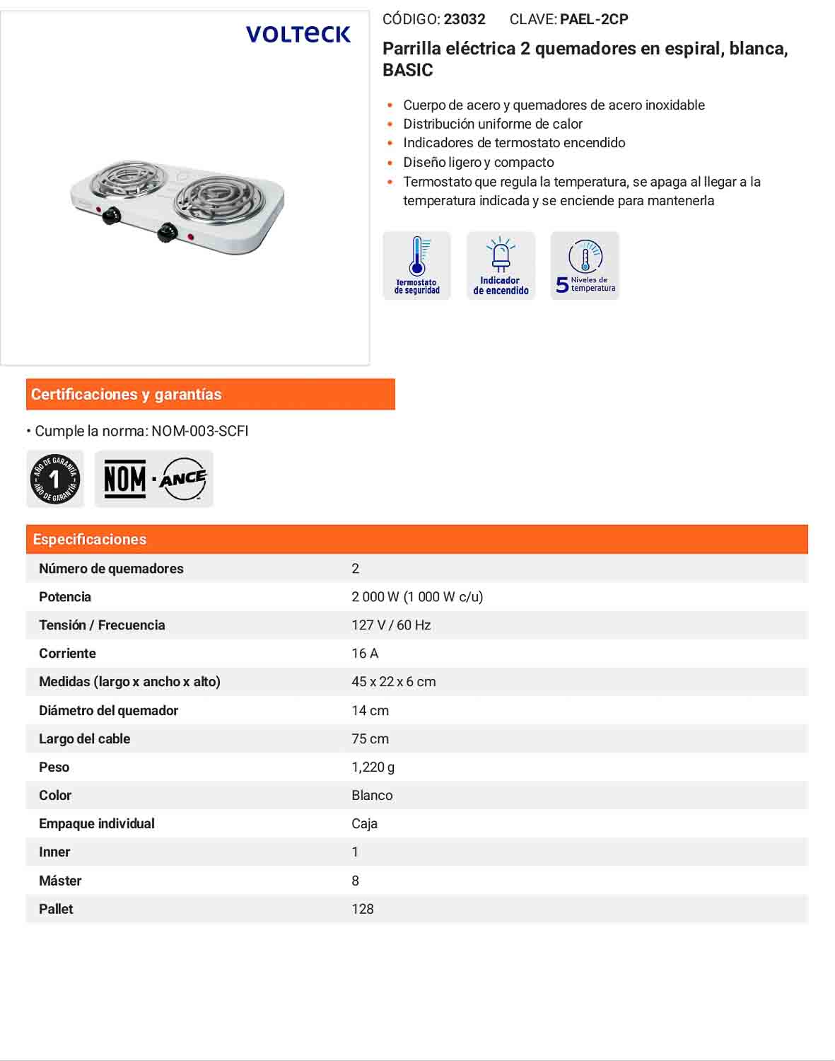 Parrilla eléctrica 2 quemadores espiral blanca