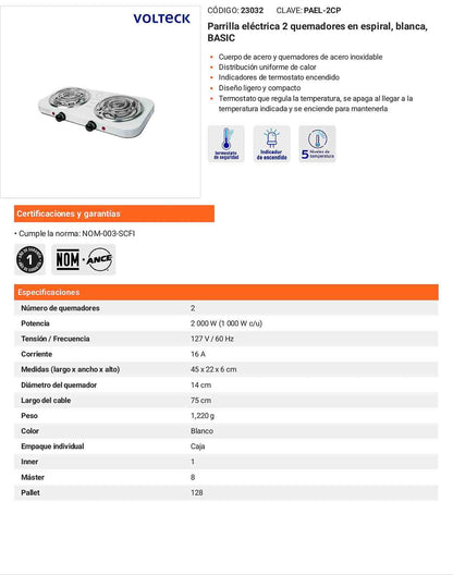 Parrilla eléctrica 2 quemadores espiral blanca