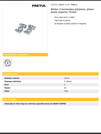 Terminales para batería de poste superior de plomo juego de 2