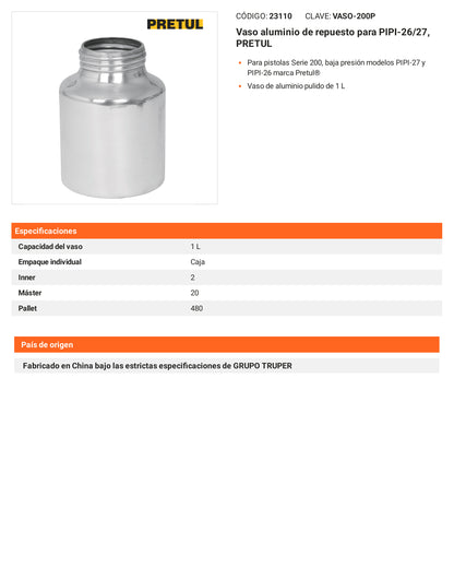 Ficha tecnica - Vaso aluminio para PIPI-26/27 - SKU 23110
