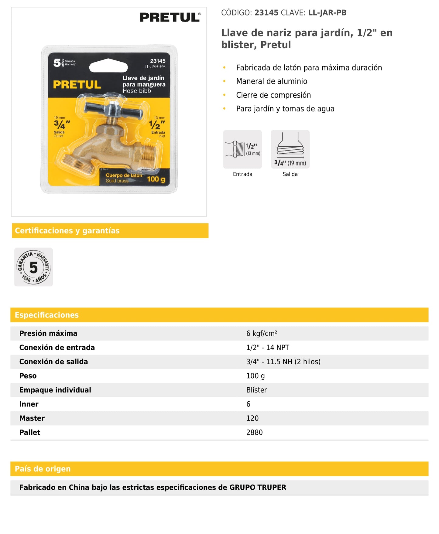 Llave nariz para jardín 1/2" en blíster