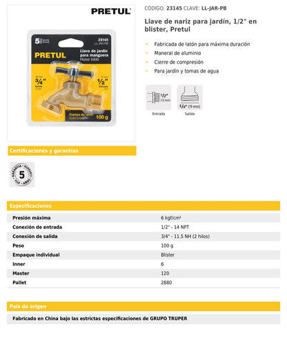 Llave nariz para jardín 1/2" en blíster