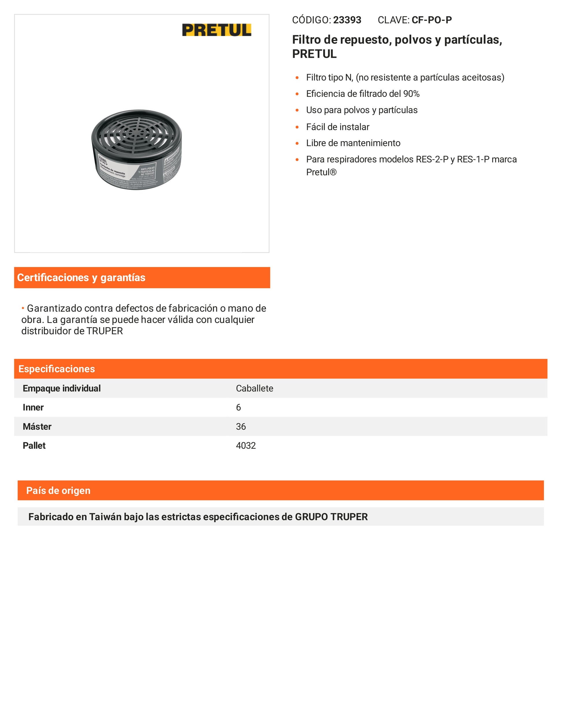 Ficha tecnica - Filtro de repuesto polvos y particulas - SKU 23393
