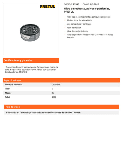Ficha tecnica - Filtro de repuesto polvos y particulas - SKU 23393
