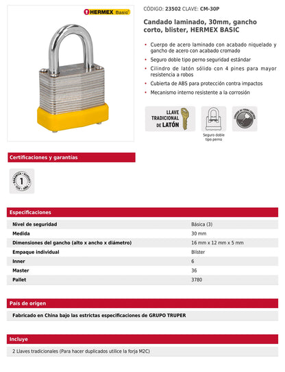 Candado laminado 30 mm gancho corto