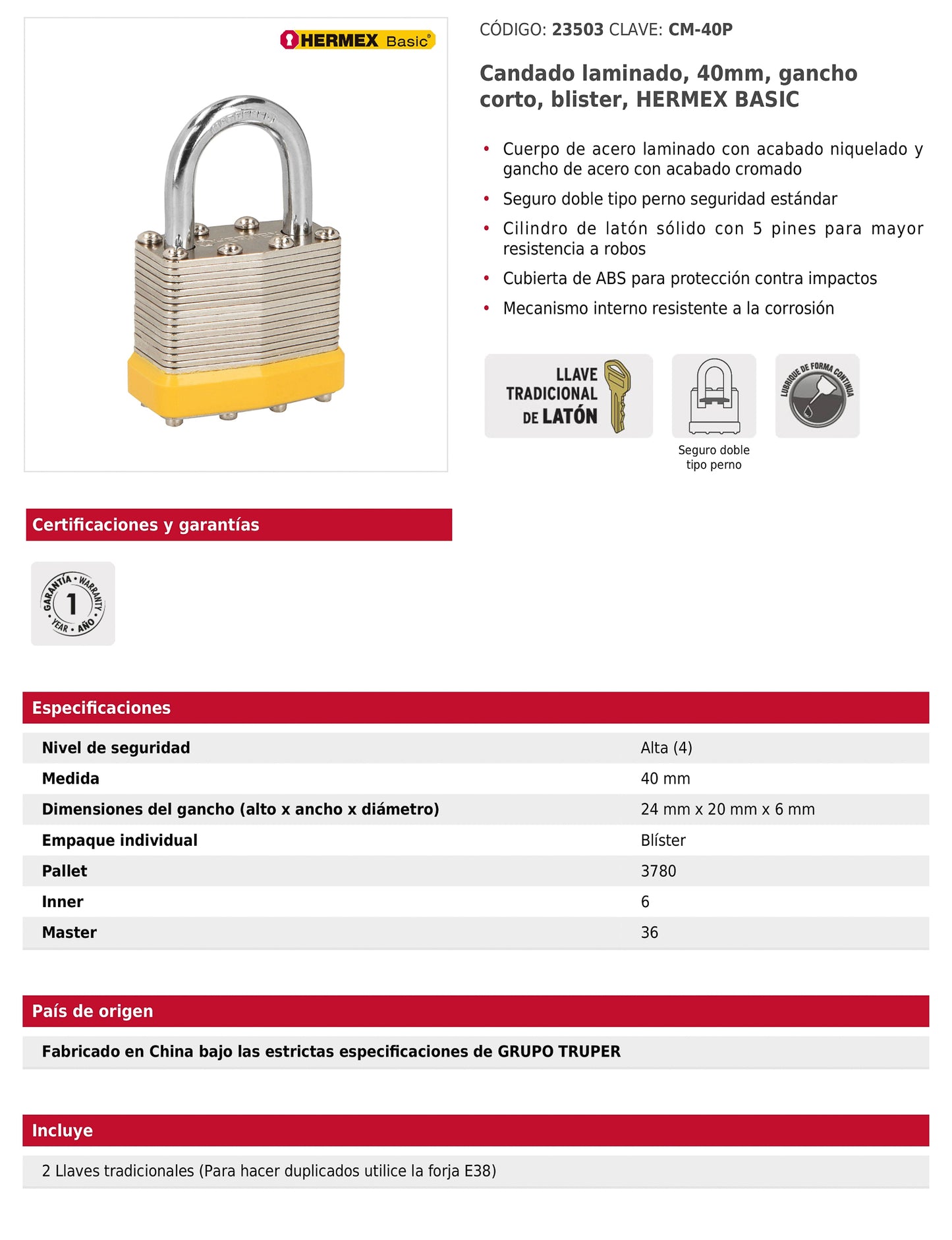 Candado laminado 40 mm gancho corto