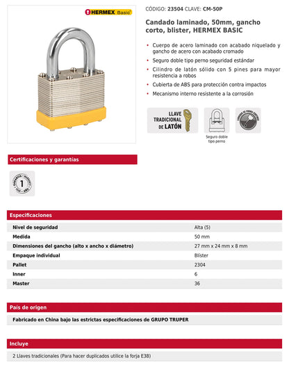 Candado laminado 50 mm gancho corto