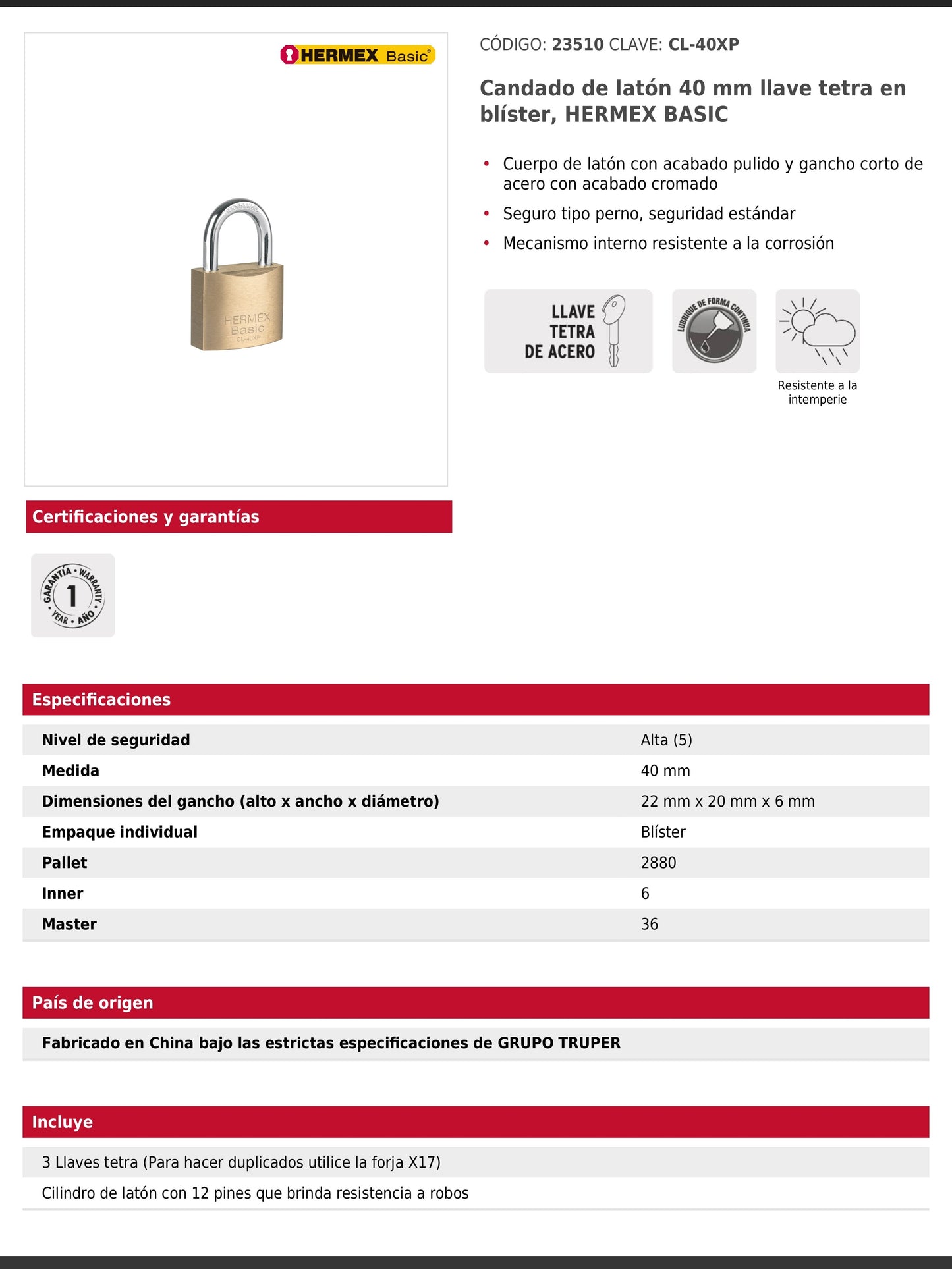 Candado de latón de 40 mm con llave tetra