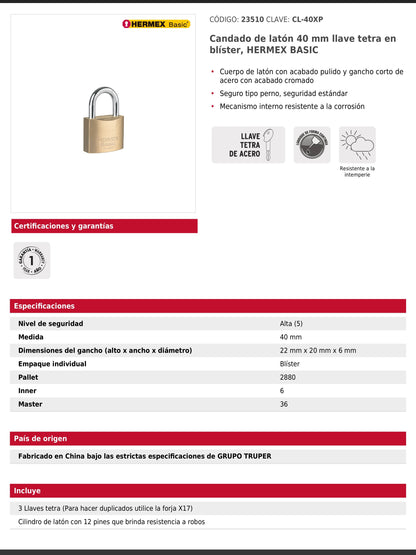 Candado de latón de 40 mm con llave tetra