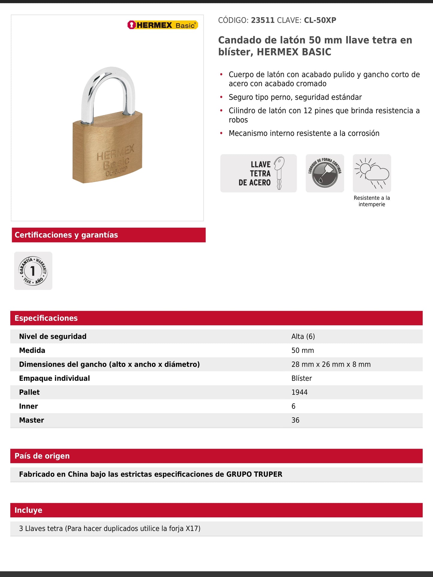 Candado de latón de 50 mm con llave tetra