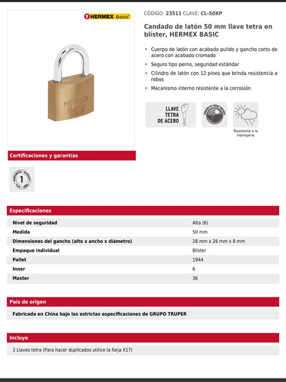 Candado de latón de 50 mm con llave tetra