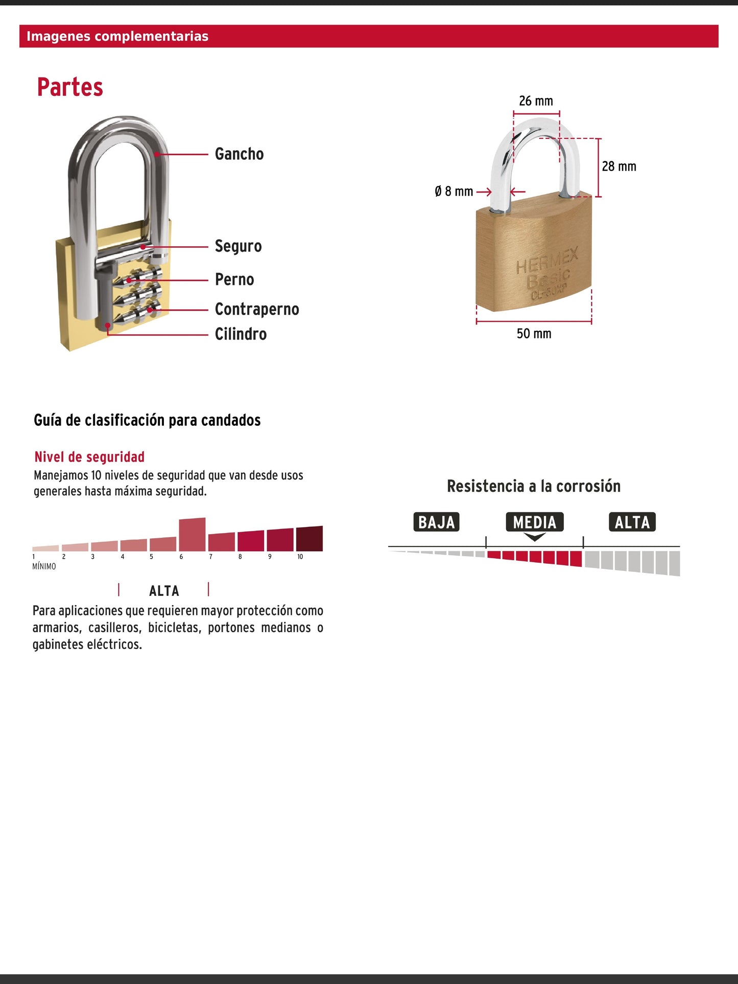 Candado de latón de 50 mm con llave tetra
