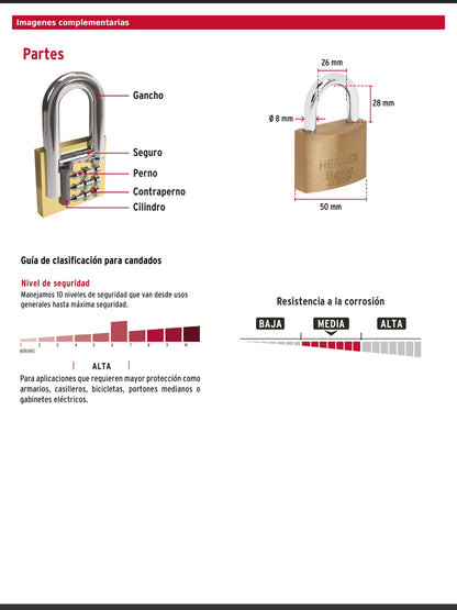Candado de latón de 50 mm con llave tetra