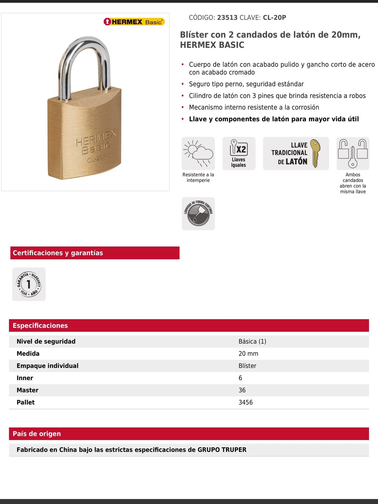 Blíster con 2 candados de latón de 20 mm