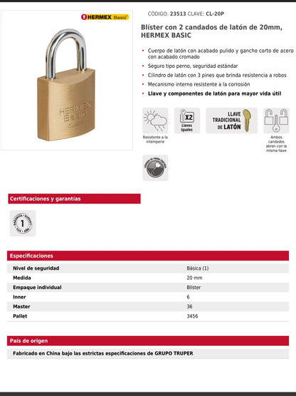 Blíster con 2 candados de latón de 20 mm
