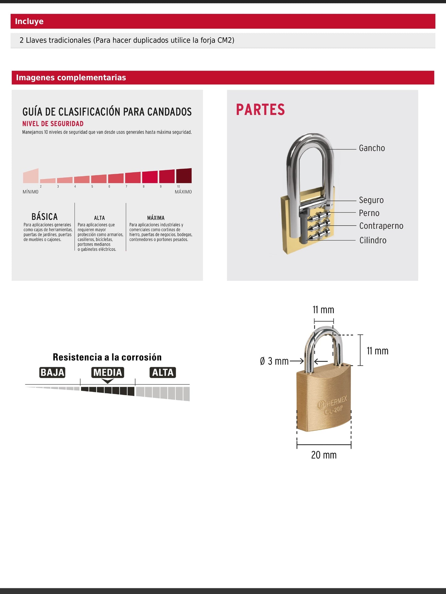 Blíster con 2 candados de latón de 20 mm