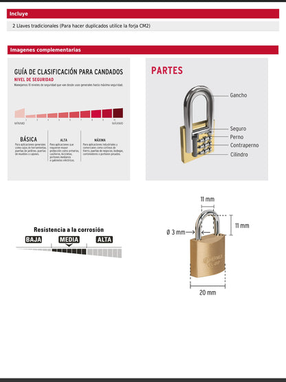 Blíster con 2 candados de latón de 20 mm