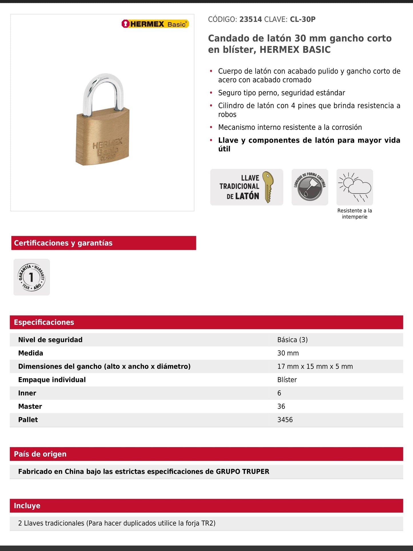 Candado de latón de 30 mm con gancho corto