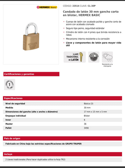 Candado de latón de 30 mm con gancho corto