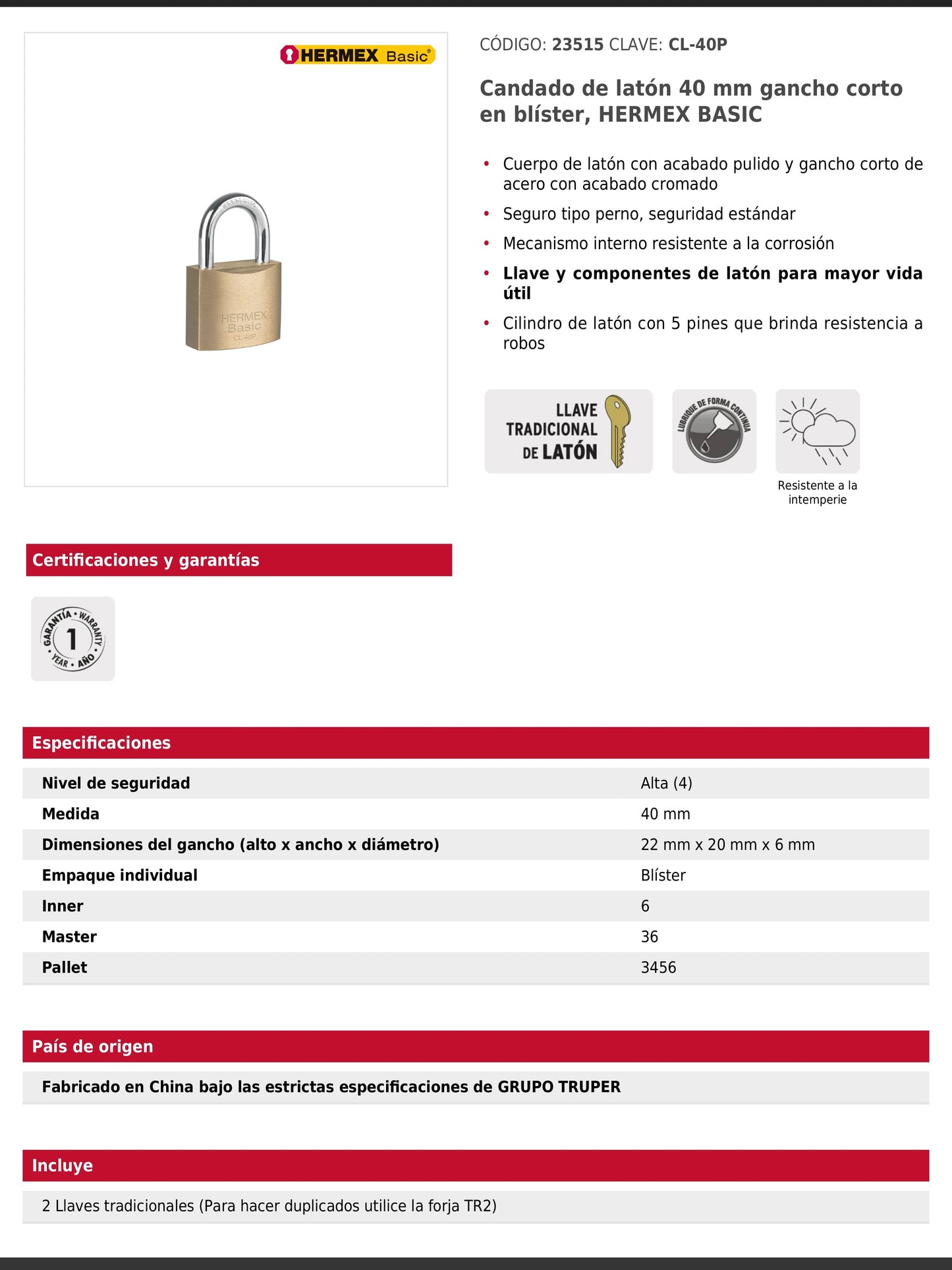 Candado de latón de 40 mm con gancho corto