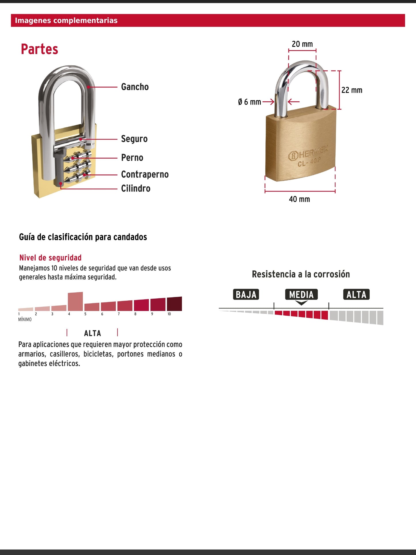 Candado de latón de 40 mm con gancho corto