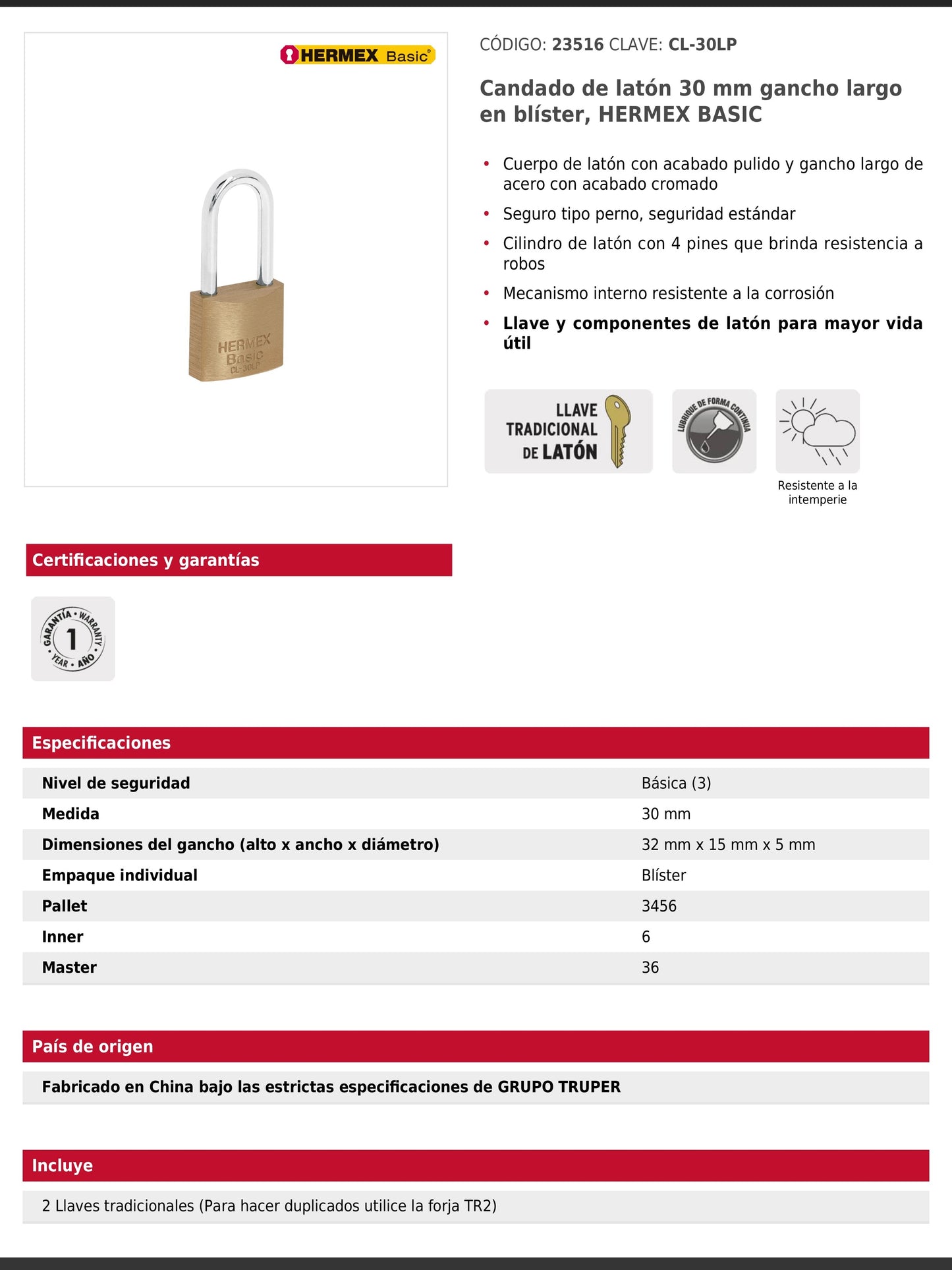 Candado de latón de 30 mm con gancho largo