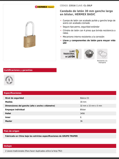 Candado de latón de 30 mm con gancho largo