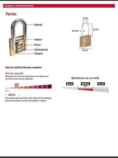Candado de latón de 30 mm con gancho largo