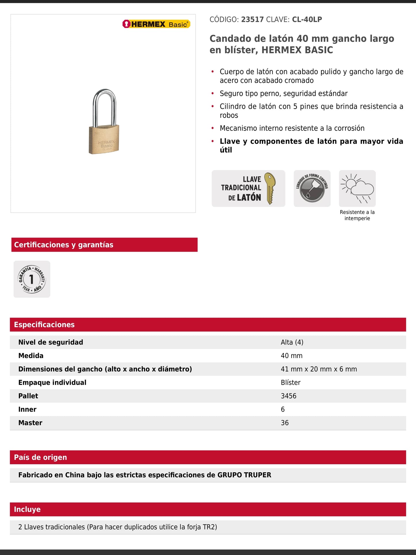 Candado de latón de 40 mm con gancho largo