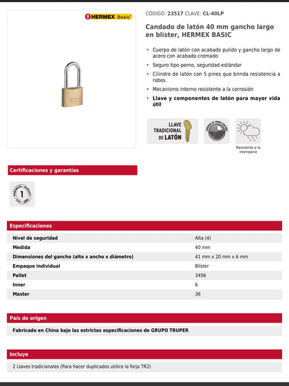 Candado de latón de 40 mm con gancho largo