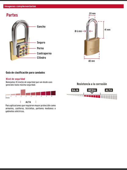 Candado de latón de 40 mm con gancho largo