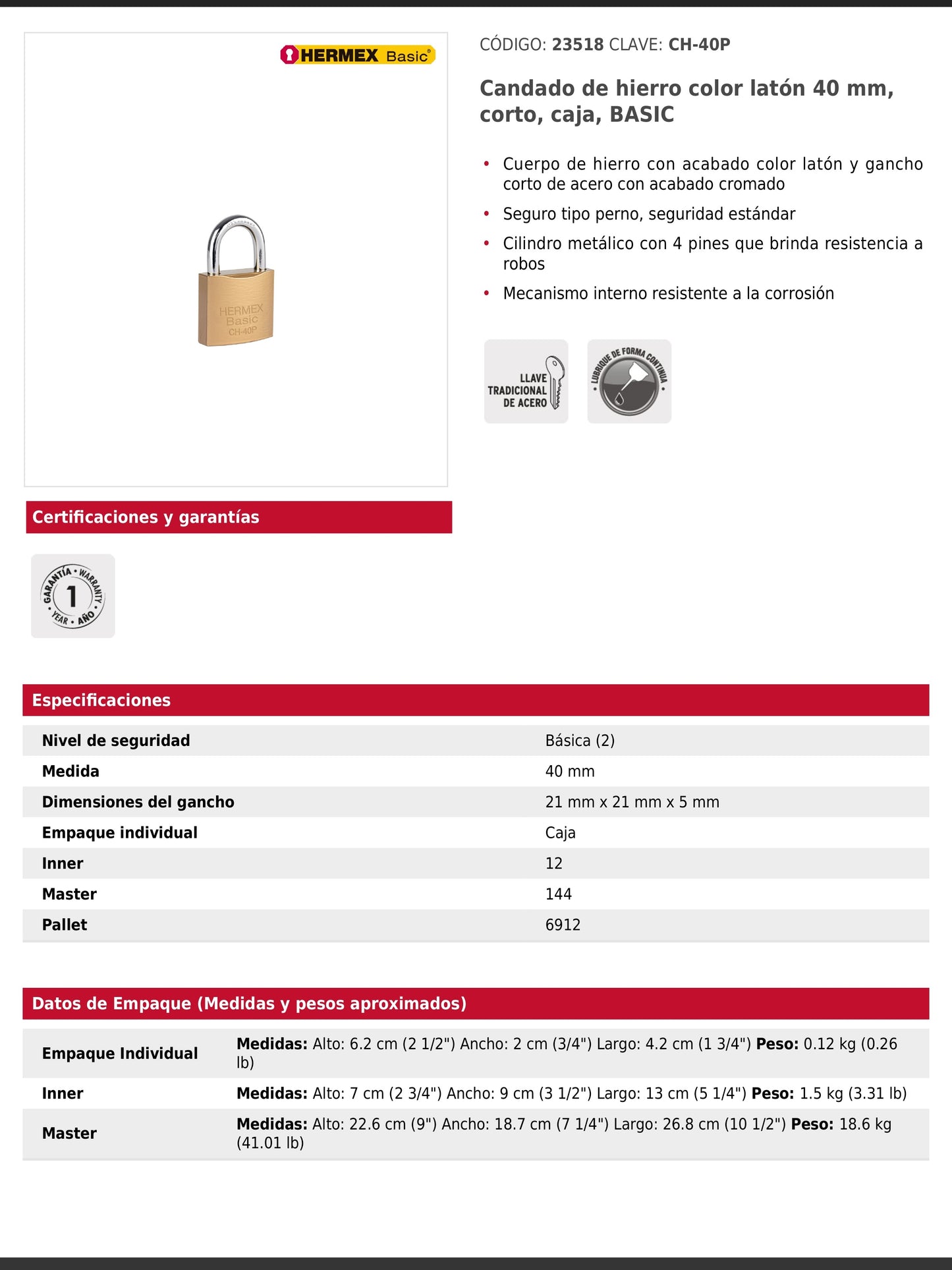 Candado de hierro de 40 mm con gancho corto