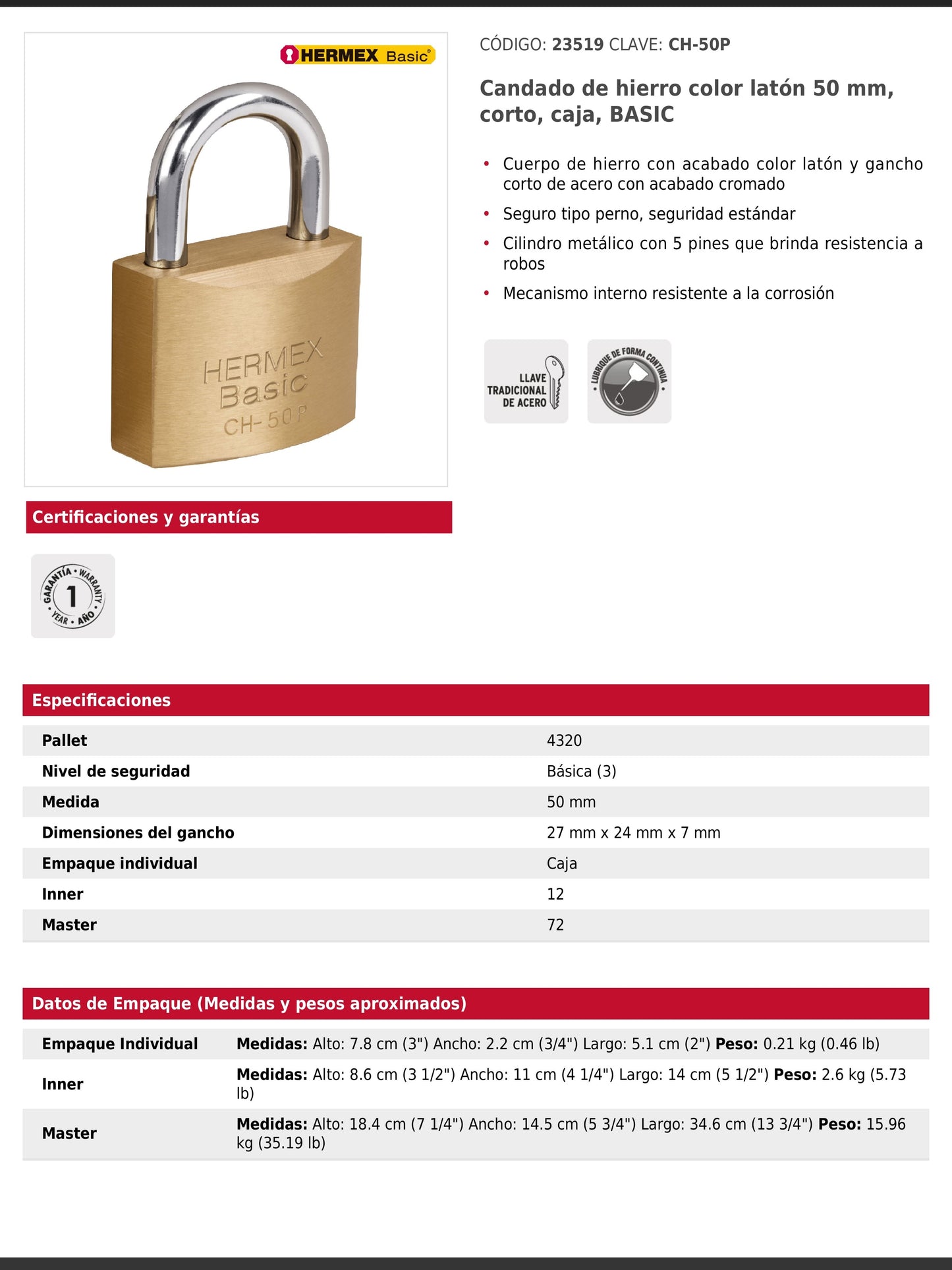 Candado de hierro de 50 mm con gancho corto